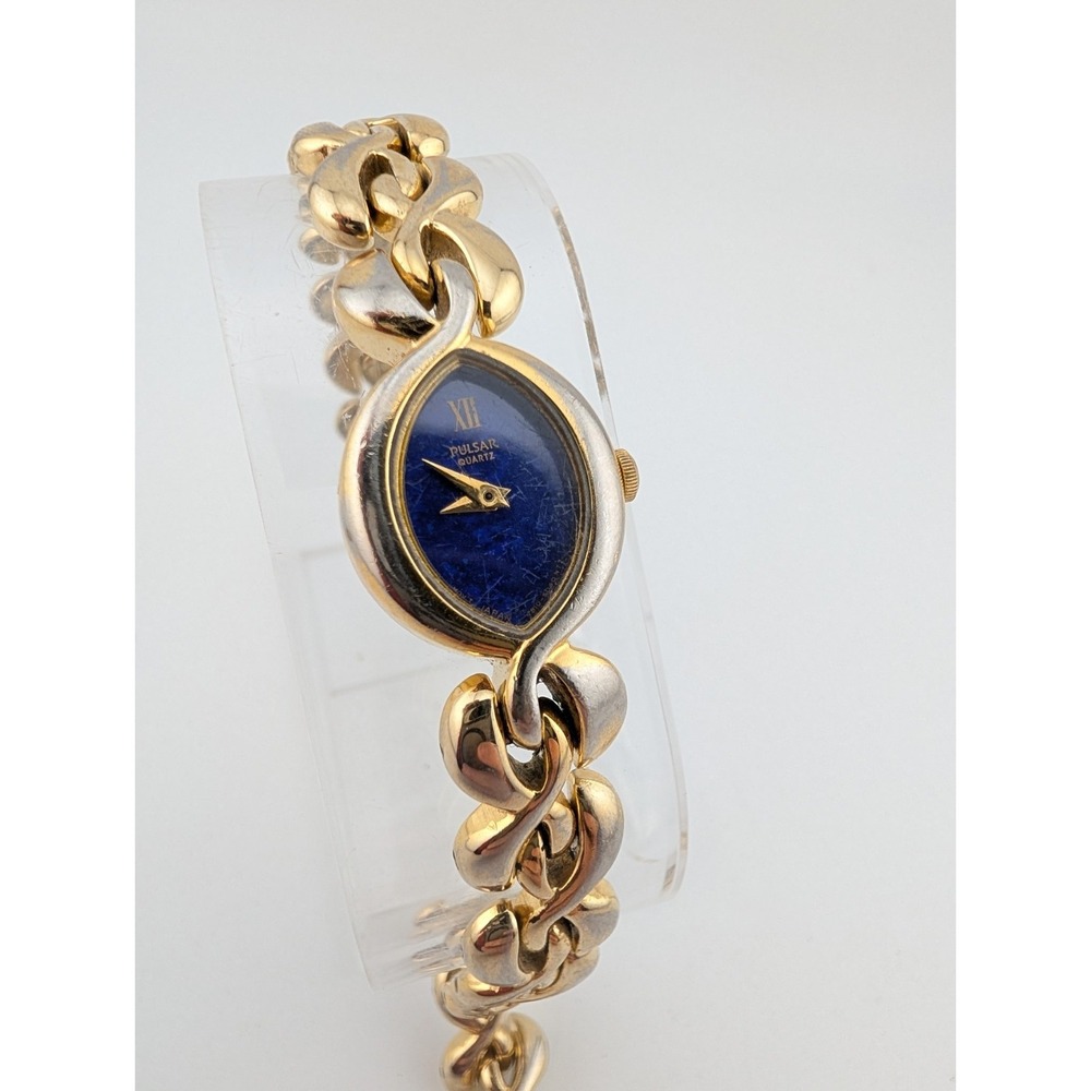 Vtg Pulsar Watch Women 17mm Case Blue Dial Gold 7" Band V810-6480- New Battery